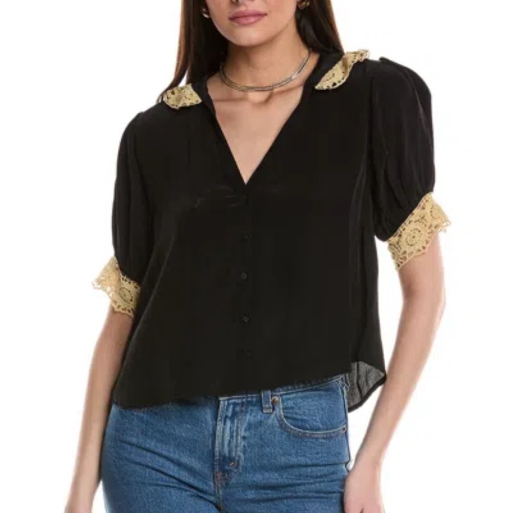 🔥Free People Black Blouse with Cream Lace Trim